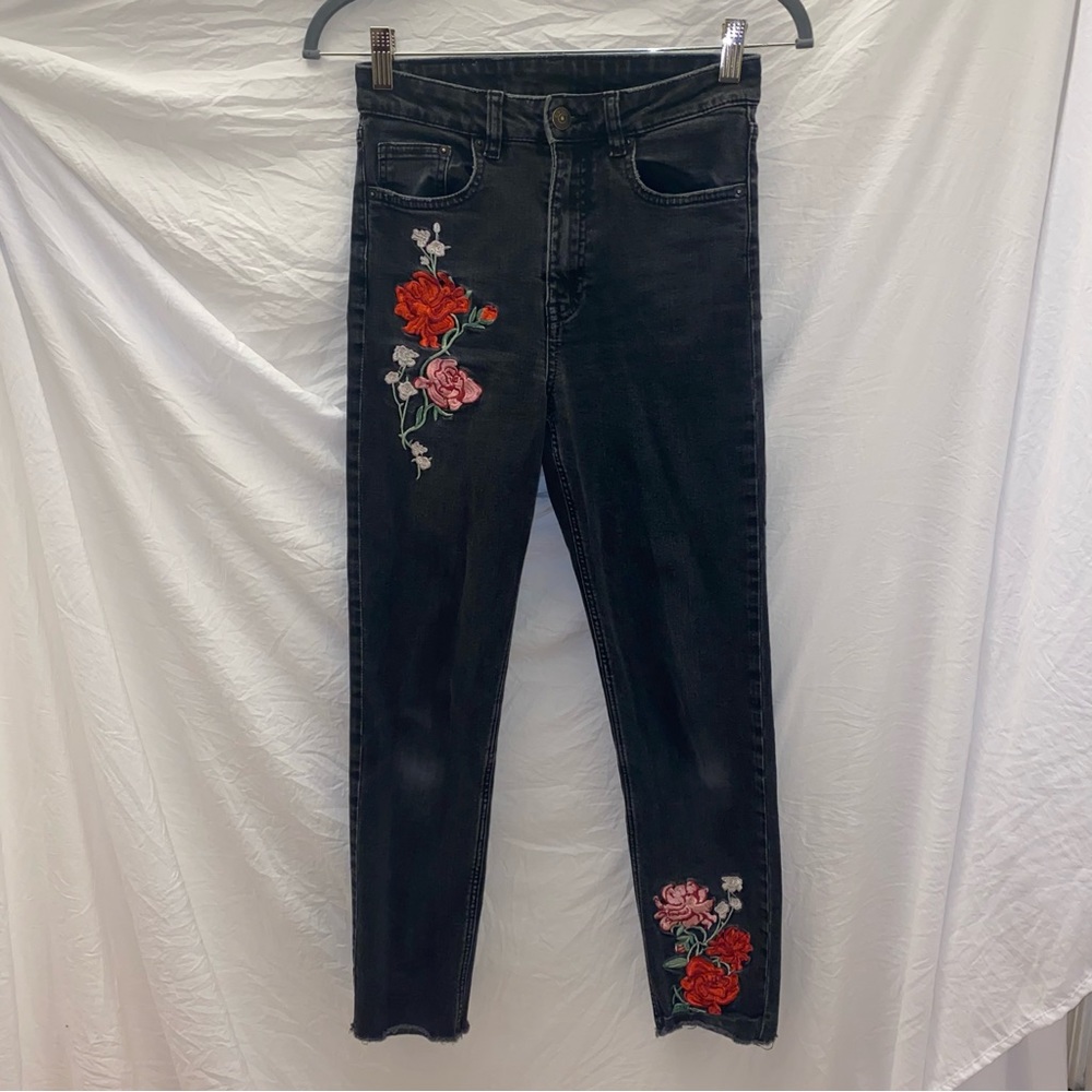 High Waist Floral Patchwork Denim